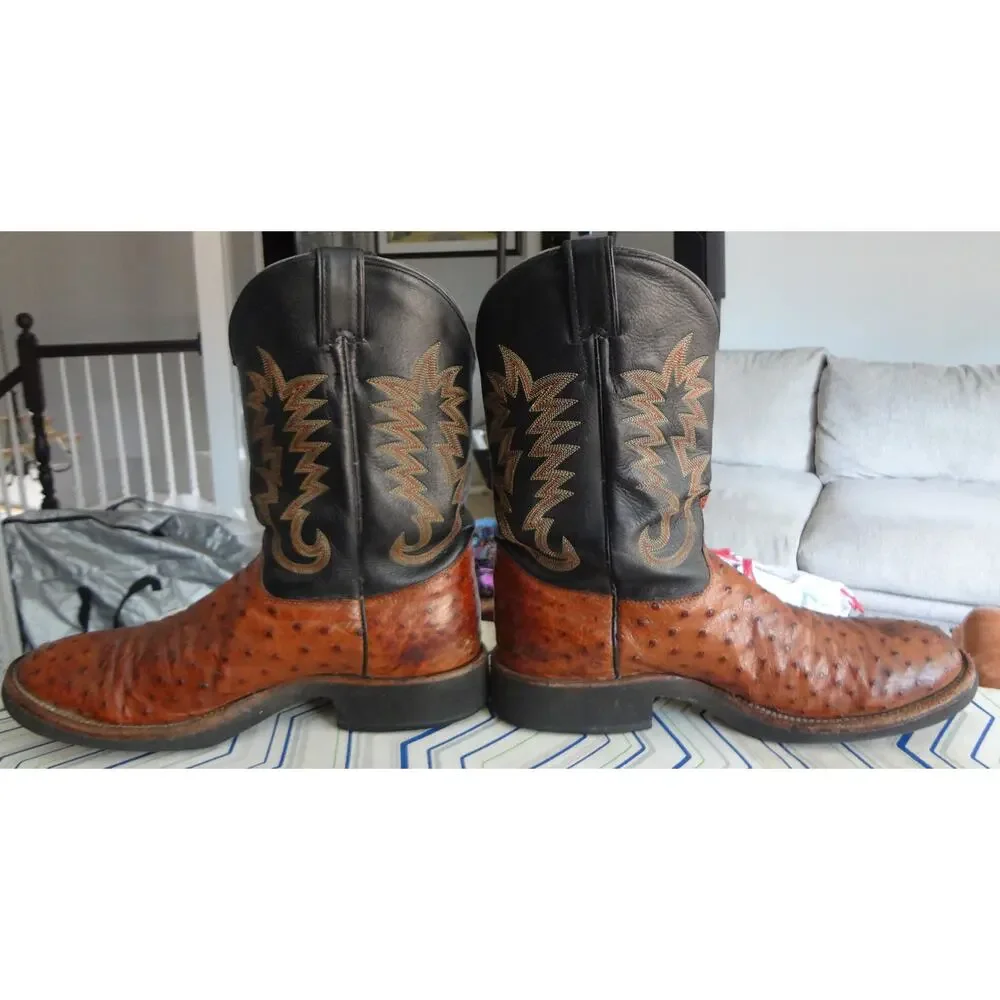 Vintage JUSTIN Ostrich Leather Brown Black Western Cowboy Boot Men 12 Full Quill